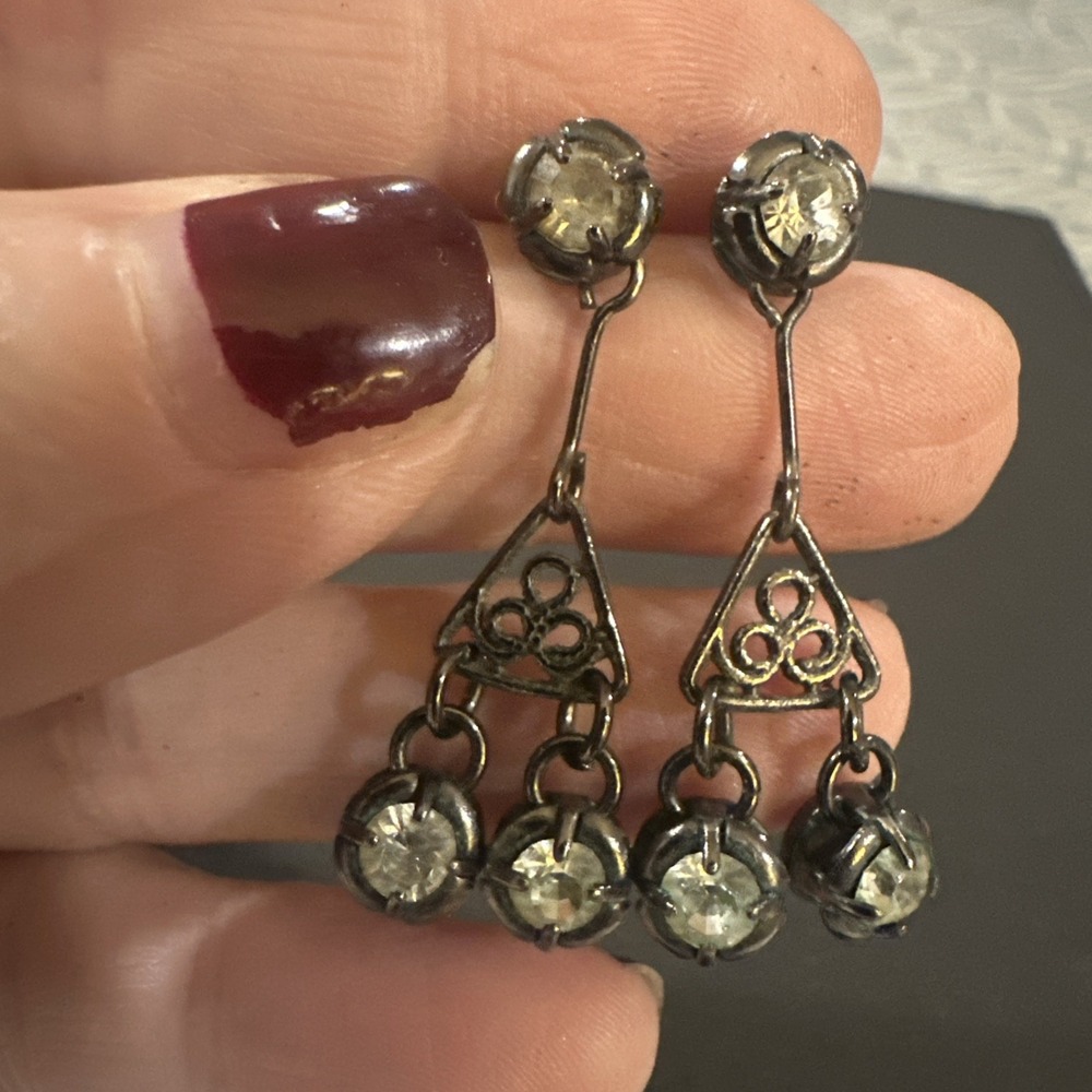 VTG VCLM Green Rhinestone Clear Dangle‎ Antiqued Gold Tone Earrings Stud Pierced
